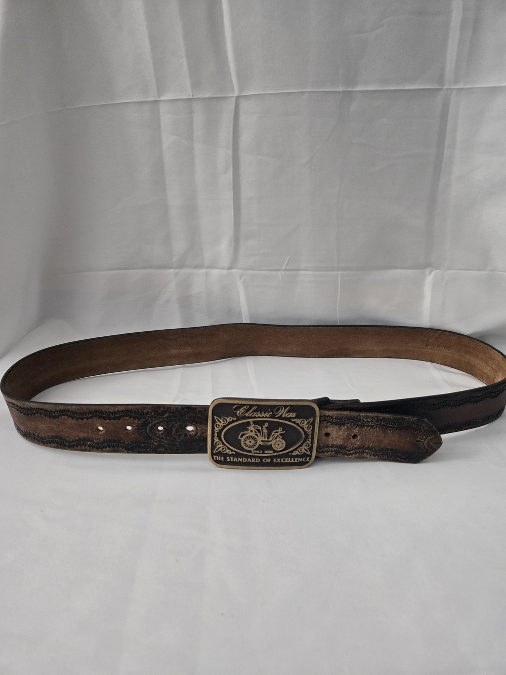 Vintage Classic Wax Tooled Leather Belt Size 48 Brass Antique Car Buckle Western